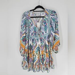 Rachel Zoe Plus Tunic Top 3X Tie Front 3/4 Sleeve‎ Colorful Boho New